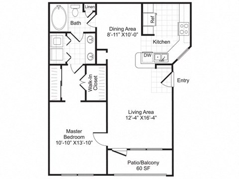 Floor plan for 1 bed, 1 bath, 806 sqft